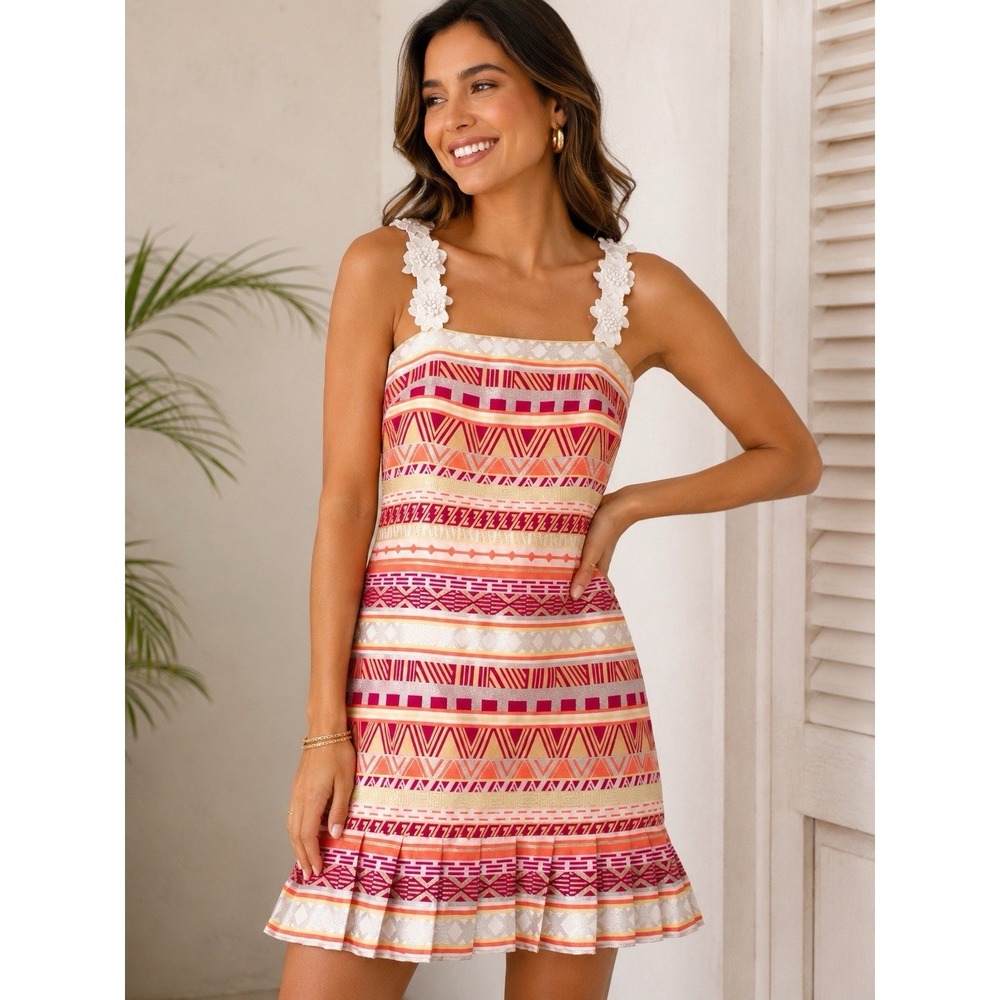 Laundry by Shelli Segal Flower-Strap Jacquard Dress Metallic Fuchsia/Ivory Sz 2